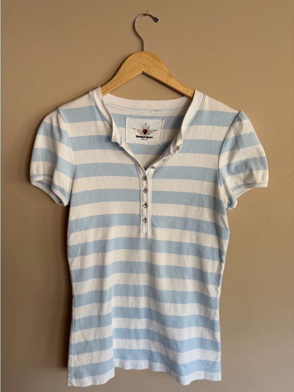 Twisted Heart Vintage Striped Button Henley Tee - Light Blue & White